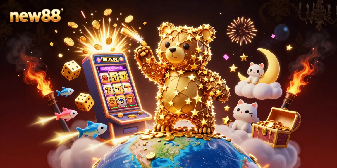 Engage with new88's vibrant world, as a constellation bear scoops coins amidst slot game excitement.