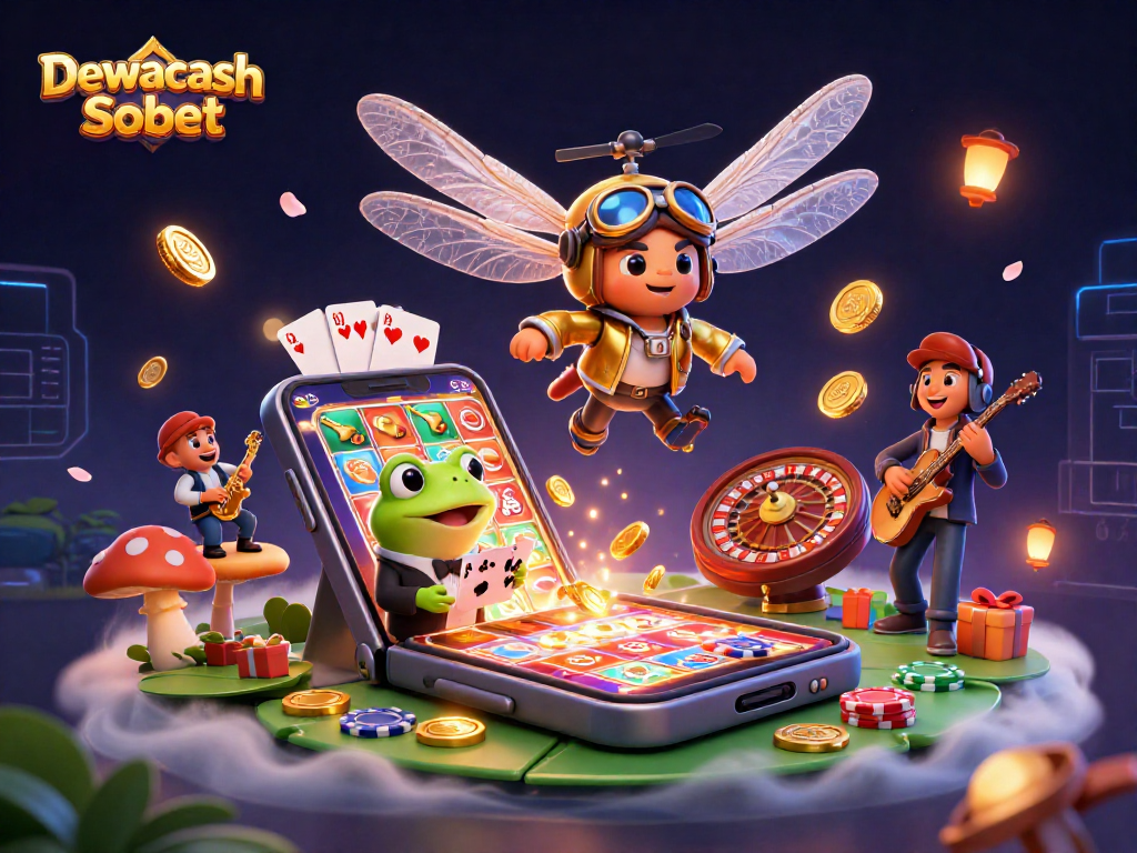 Dewacash Sbobet offers an energetic casino scene with a unique dragonfly pilot, showcasing card dealing and vibrant gameplay.