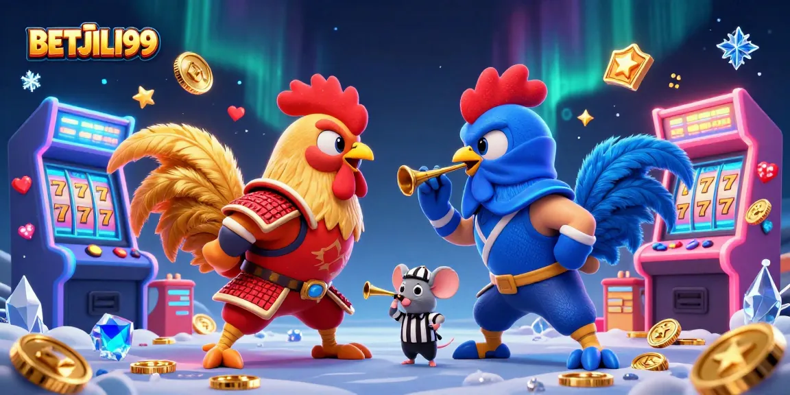 Engage in the excitement of BETJILI99 with twin 3D roosters in a dramatic casino standoff amidst vibrant game elements.