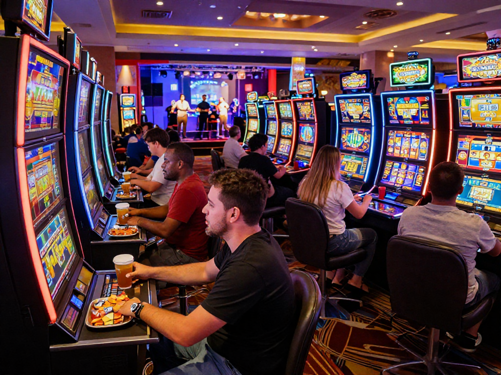 Players engaged in exciting slot machine gameplay at a vibrant casino.