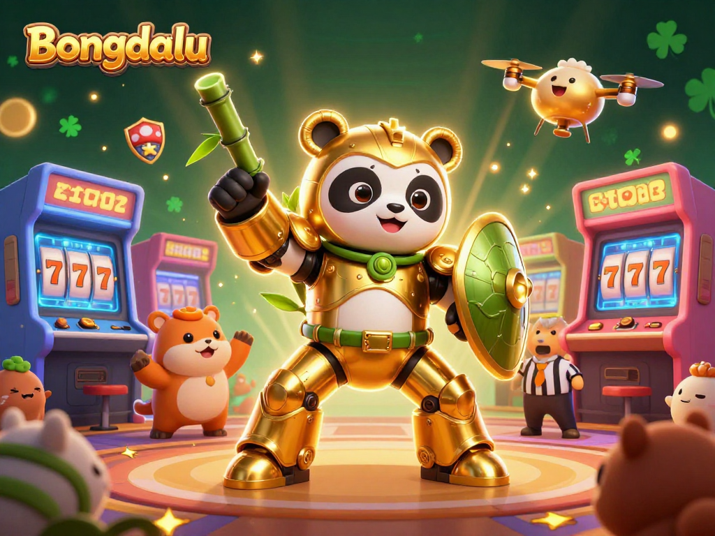 Bongdalu features a lively arcade scene with a golden panda in a mech suit, embodying the excitement of gaming.