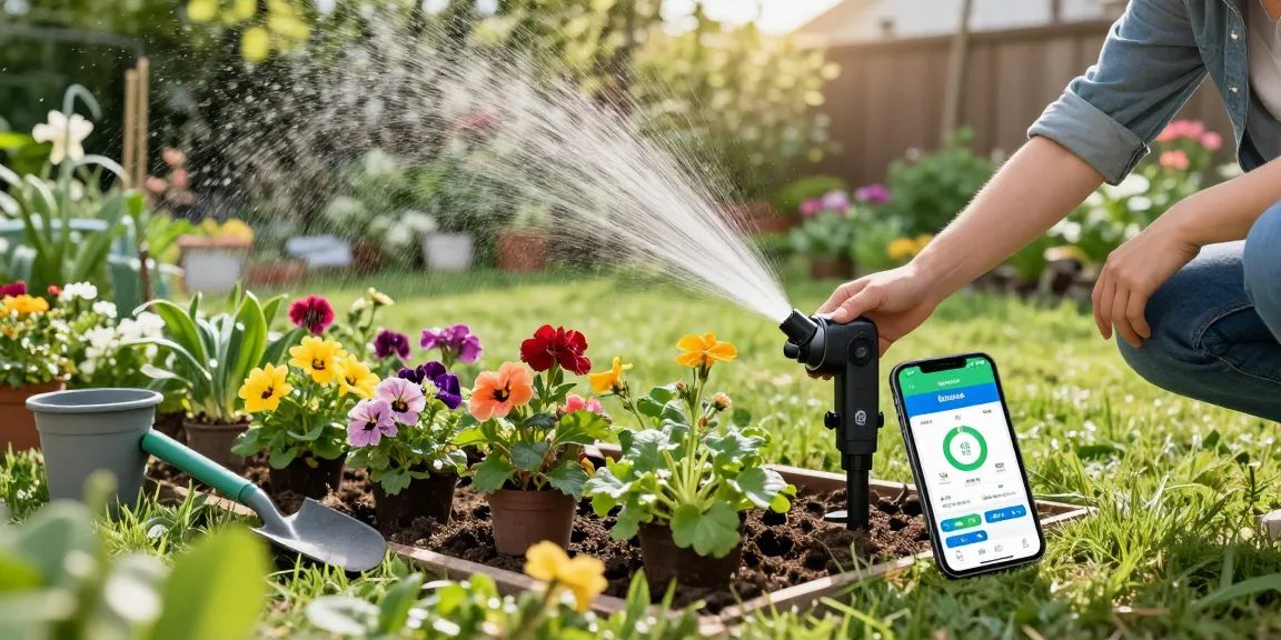 Adjusting rainpoint Irrigation Controllers in a thriving garden with real-time moisture levels displayed on a smartphone app.