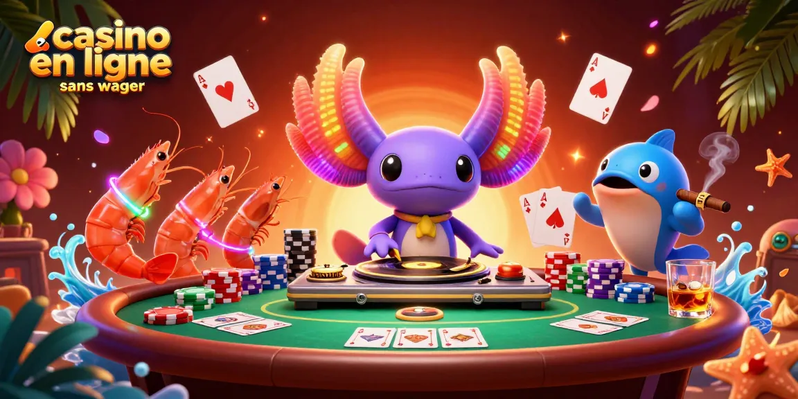 Jouer au casino en ligne sans wager avec une scène festive de DJ axolotl et des crevettes dansantes.