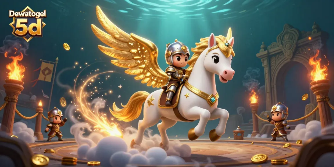 Experience Dewatogel 5d with a lively illustration of a celestial horse and armored knight amidst casino elements.