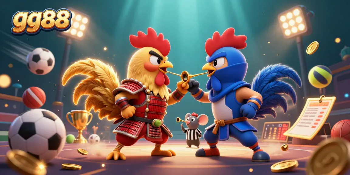 Battle of the roosters at gg88, showcasing a dynamic casino scene with sports elements and vibrant details.