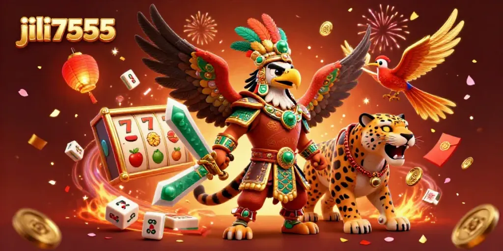 Engage with jili7555 in an energetic scene of slot games featuring Aztec warriors.