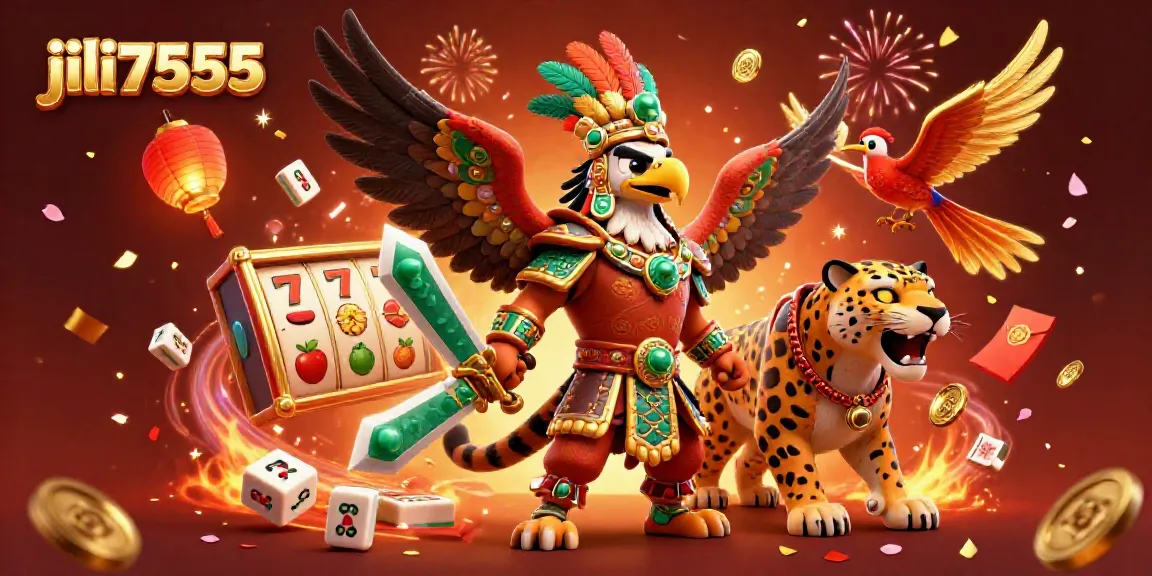 Engage with jili7555 in an energetic scene of slot games featuring Aztec warriors.