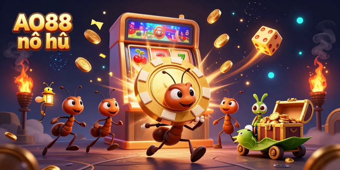 Experience thrilling action with AO88 nổ hũ as vibrant characters carry a giant poker chip amid a casino jackpot explosion.