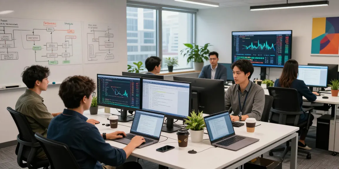 Developers utilizing a free market data API in a modern office with live market data screens.