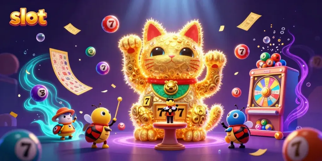 Experience excitement with the slot-themed lucky cat illustration showcasing dynamic gaming elements.