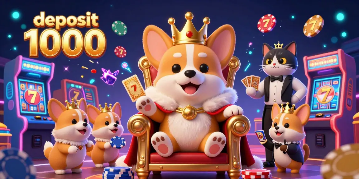 Engage with the vibrant world of gaming through deposit 1000, featuring a royal corgi on poker chips surrounded by lively casino themes.
