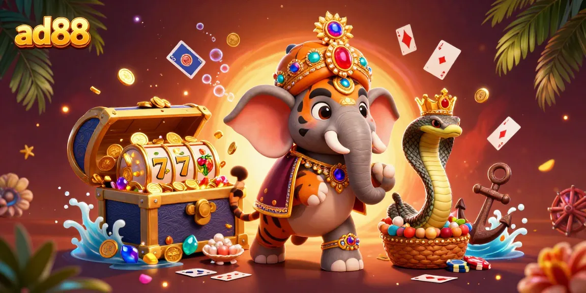Win big with ad88, featuring vibrant 3D casino characters amidst slot reels and floating playing cards.