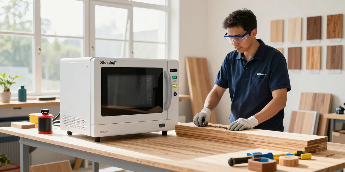 Shashel wood treatment technician using microwave equipment to eliminate wood-boring pests safely.