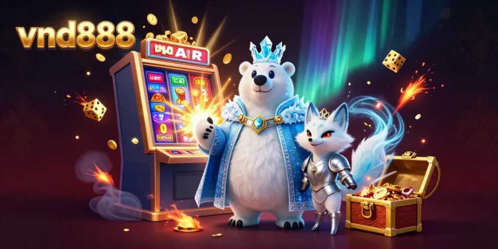 Experience thrilling jackpots with vnd888, featuring an ice king and fox amidst dynamic casino elements.