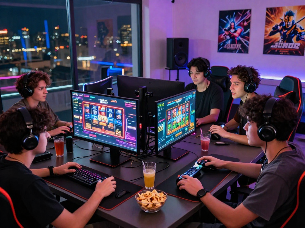 Exciting slot gacor gaming scene with friends, vibrant graphics, and snacks.