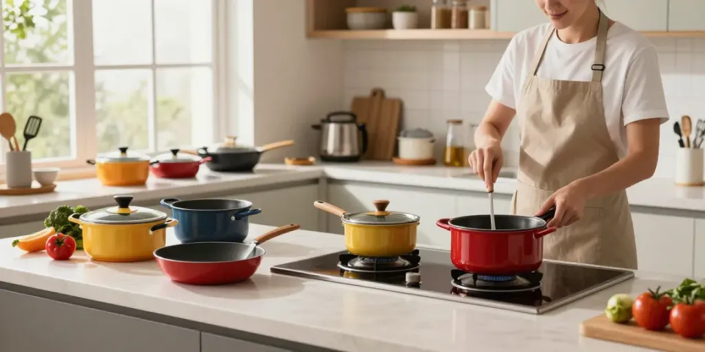 CookWare Price in Bangladesh showcased with colorful cookware and fresh ingredients in a modern kitchen.