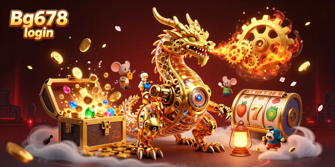 Engage with exciting slots using Bg678 login featuring a biomechanical dragon and treasure chests.