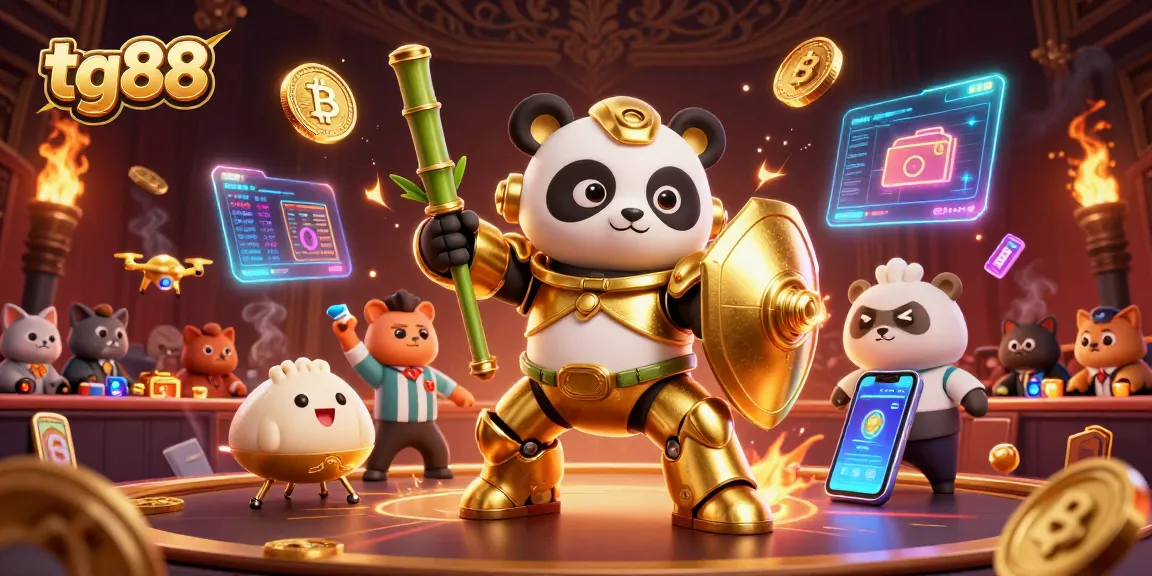 Engage in thrilling tg88 casino action with a panda in a mech suit amidst neon crypto elements.