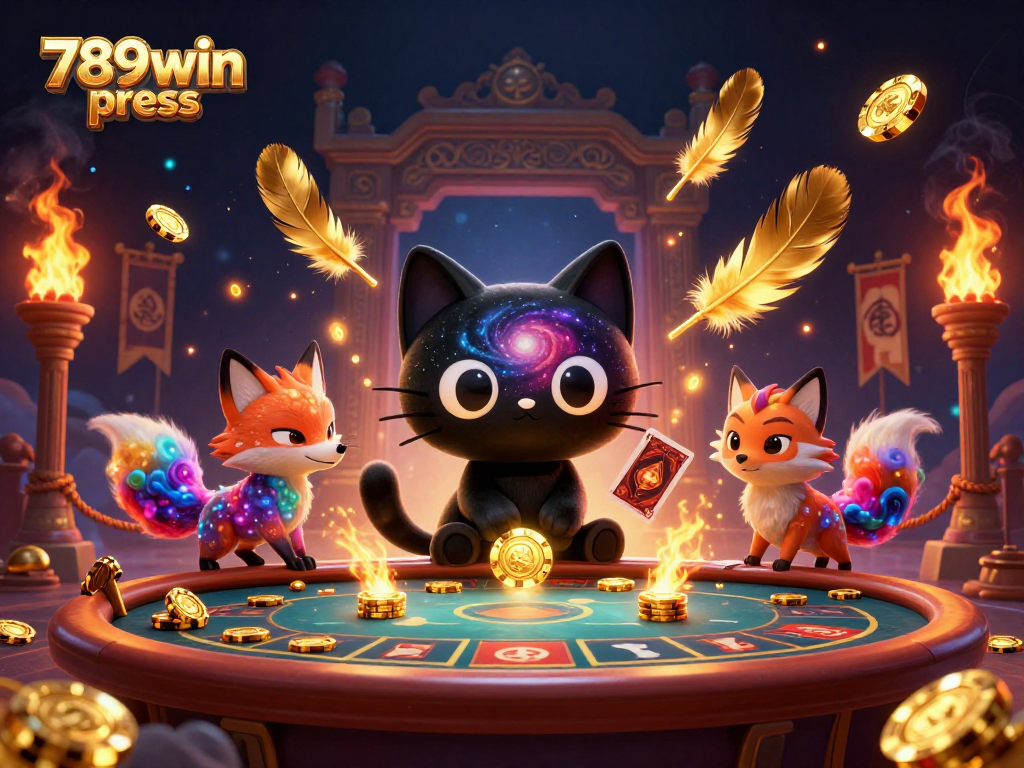 Spin to win with 789win press at a cosmic casino, featuring a black hole cat and nebula fox.