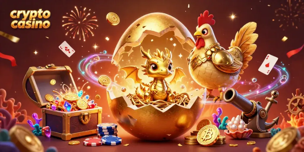 Experience the thrill of a crypto casino with a golden dragon, poker chips, and Bitcoin coins.