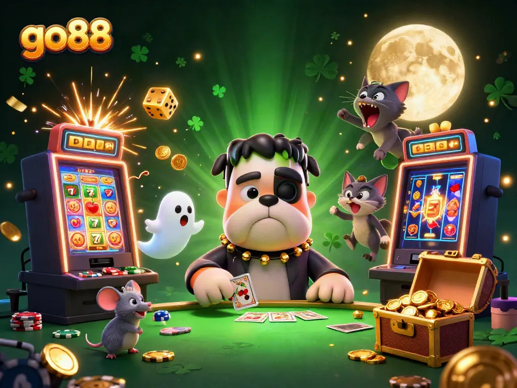 Go88 showcases fun-filled gaming with an animated Frankenstein bulldog and magical themes.