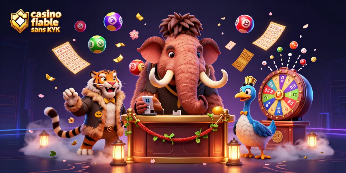 Illustration d'un casino fiable sans KYC avec un mammouth et un tigre dans un environnement dynamique.