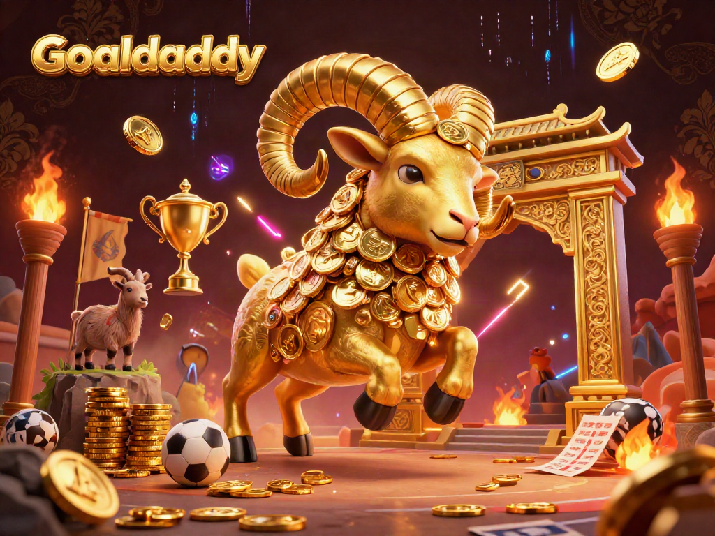 Experience Goaldaddy betting excitement with a dynamic scene of sports elements and golden characters.