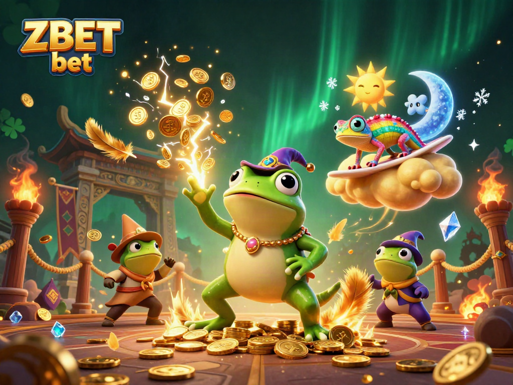 Experience the thrill of ZBET bet with a magical scene of a wizard frog and a chameleon amidst golden coins and festive elements.