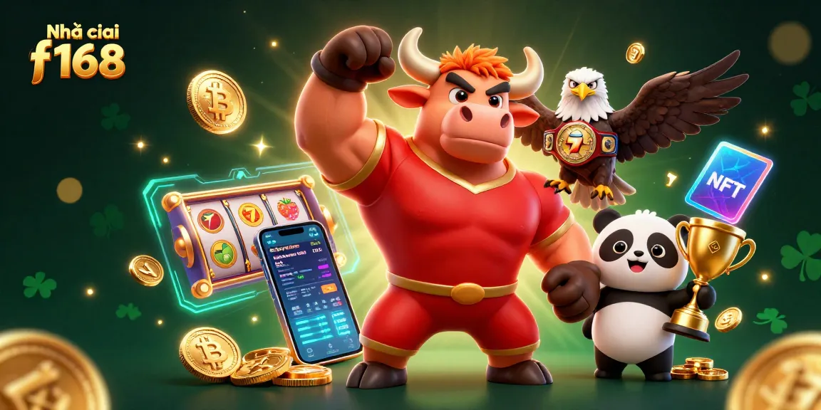 Win big with Nhà cái f168 in this vibrant 3D casino scene featuring joyful characters and glowing crypto elements.