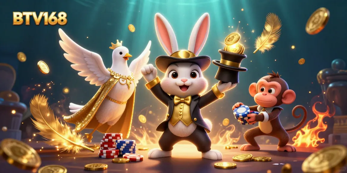 BTV168 showcases a magical scene with a rabbit, dove, and monkey amidst casino elements and golden coins.