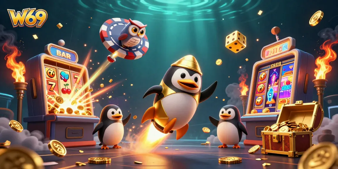 W69 enhances your gaming adventure in a vibrant space casino scene filled with jackpots and excitement.