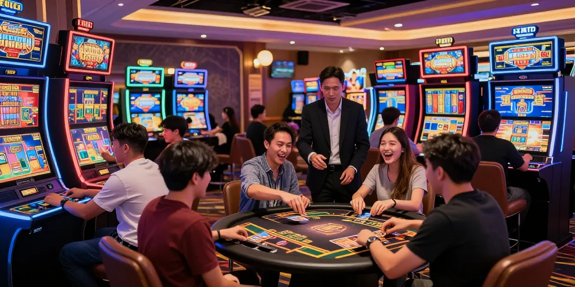 HWGSLOT exciting gaming scene with vibrant players and slot machines in a dynamic casino atmosphere.