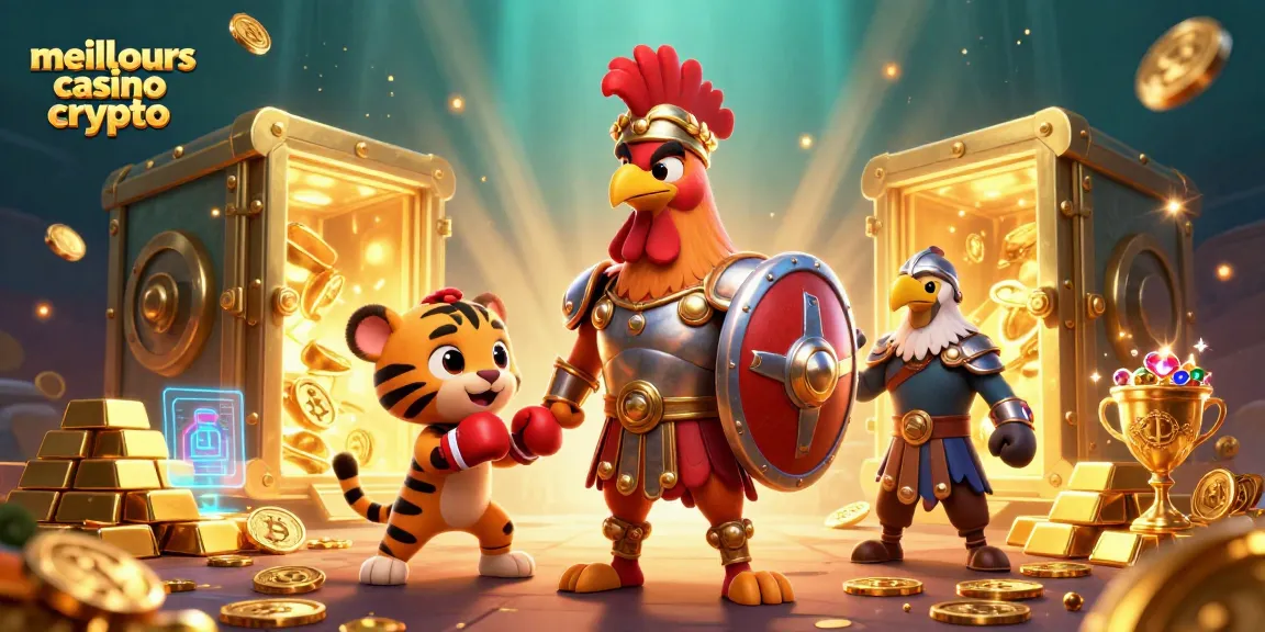 Gagnez aux meilleurs casinos crypto avec un rooster gladiateur et un tigre dans un décor dynamique.