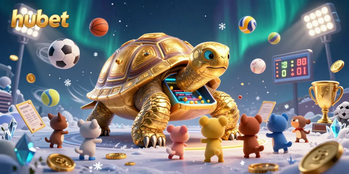 Play with hubet's colossal tortoise pinball machine surrounded by vibrant sports elements and dynamic light effects.