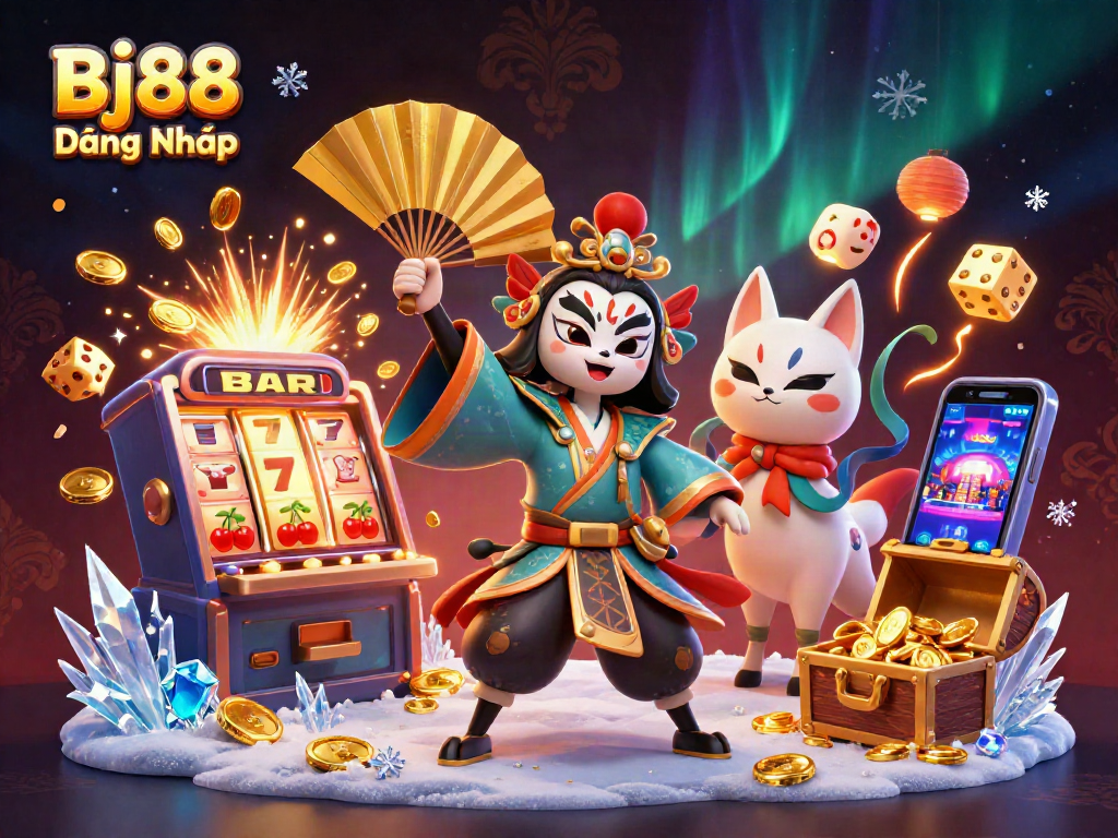 Engage with the exciting world of Bj88 Đăng Nhập featuring a kabuki warrior and vibrant casino elements.