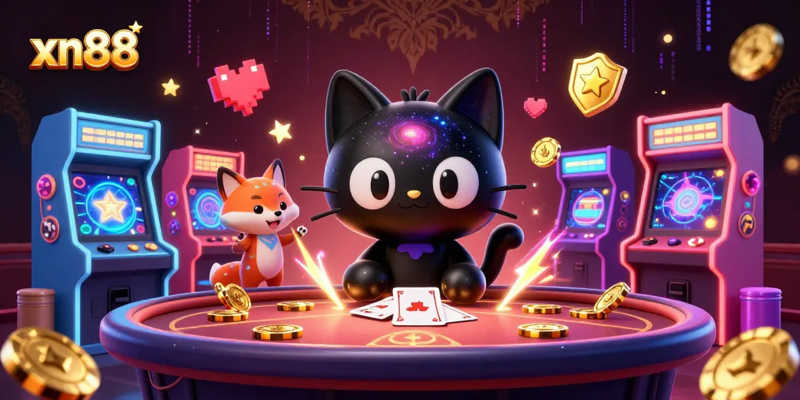 Experience thrilling gameplay with xn88, featuring a cosmic cat and colorful characters in a vibrant casino setting.