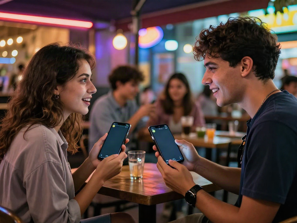 Engaging free AI sex chat between friends in vibrant urban nightlife.
