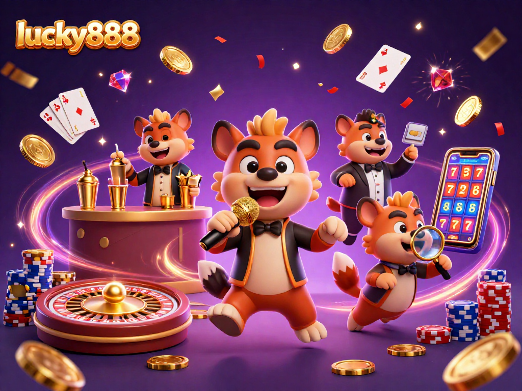 Experience the fun at lucky888 with lively hyenas in a vibrant casino scene.