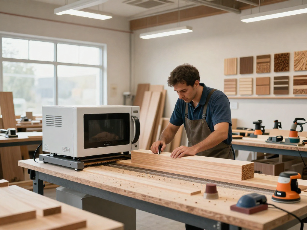 Shashel microwave technology eliminating wood pests in a modern workshop.