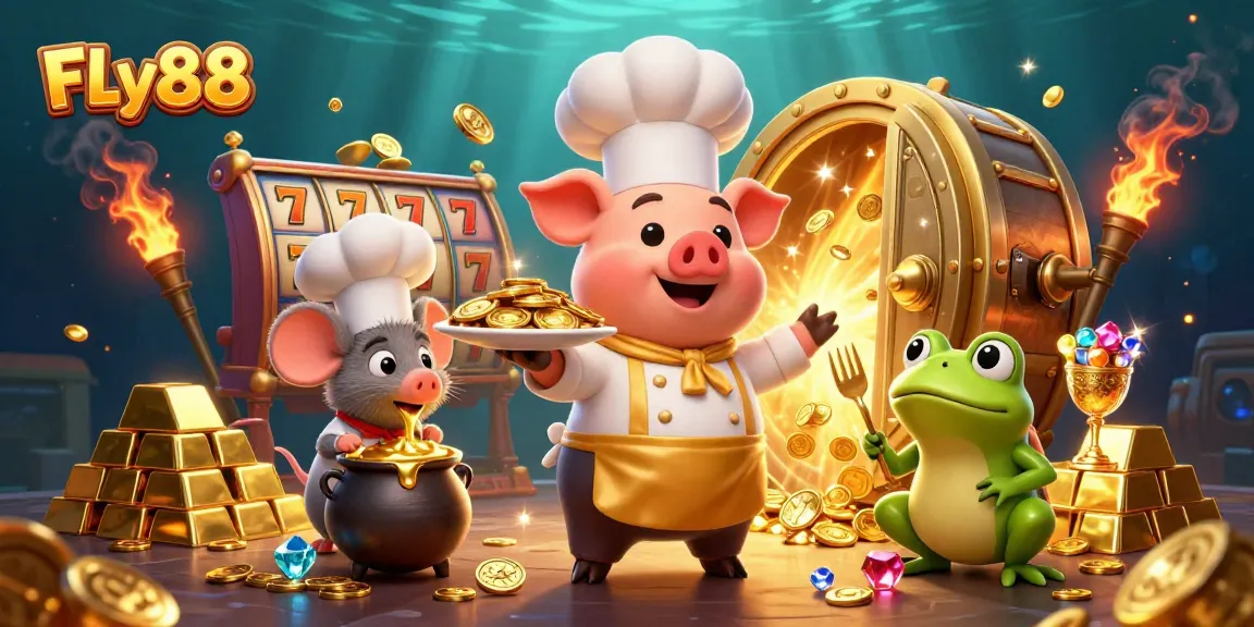 Experience winning thrills with FLy88 as a chef pig serves gold coins in an energetic casino scene.