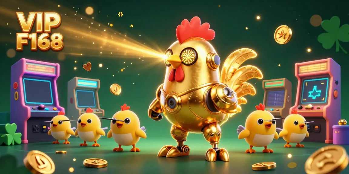 Experience excitement at VIP F168 Casino with the golden rooster robot and engaging game elements.