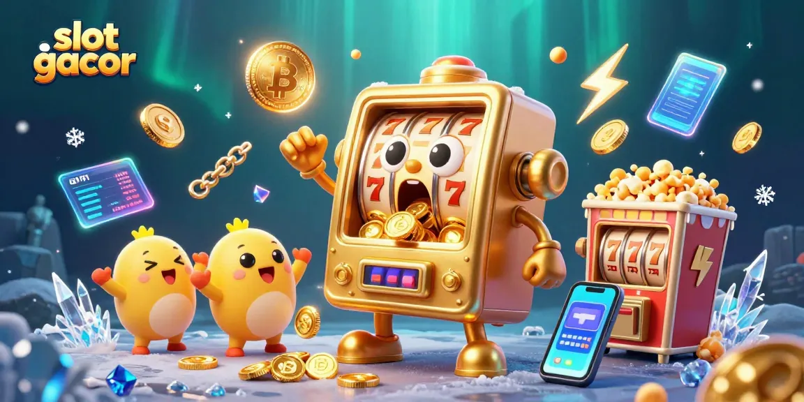 Experience the excitement of slot gacor with a vibrant 3D cartoon scene featuring jubilant slot machines and crypto elements.