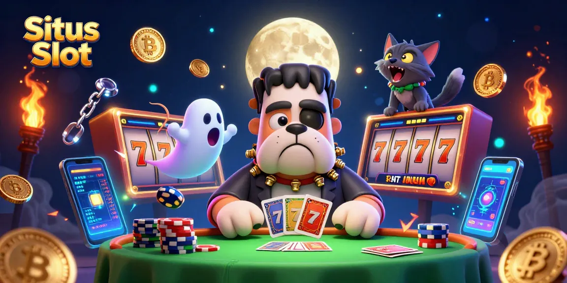 Situs Slot showcases a lively 3D scene with a Frankenstein bulldog dealer at a slot table, vibrant and engaging for online gambling.