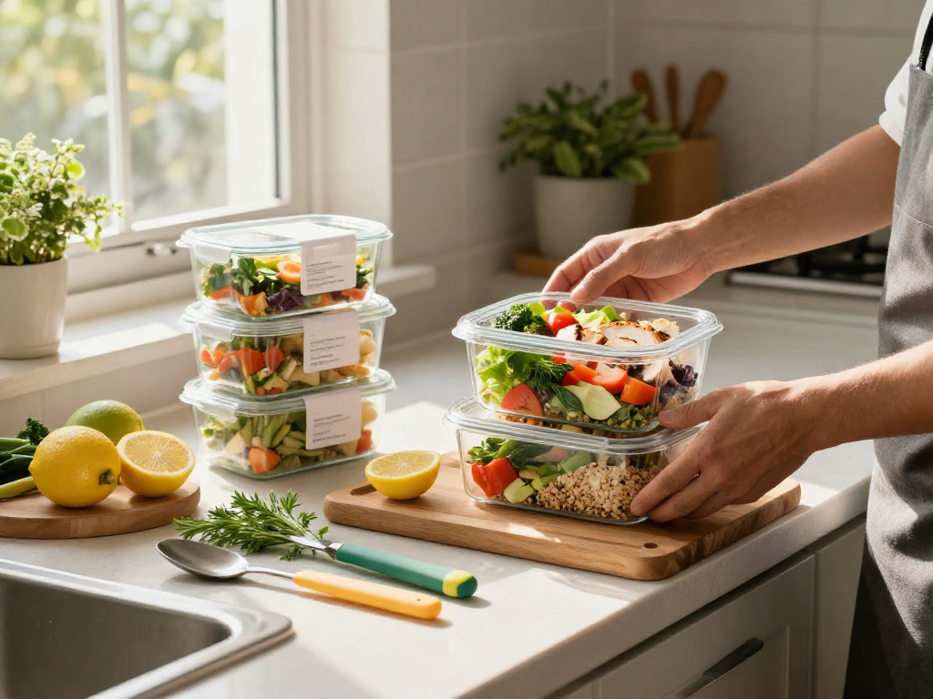 Colorful meal boxes arranged for healthy meal prep with fresh ingredients and slot optimization.