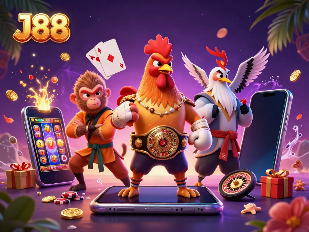 Spin the reels of J88's thrilling slot game with vibrant characters and dynamic casino elements.