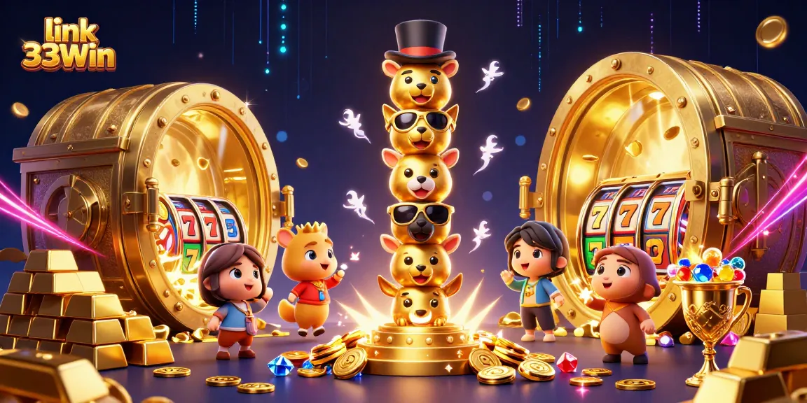 Experience excitement with link 33Win as piles of gold and slot reels surround dazzling casino characters!