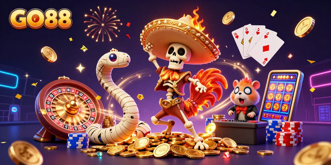 Engage in exciting gameplay at GO88 with a vibrant casino scene featuring dynamic characters and glowing treasures.