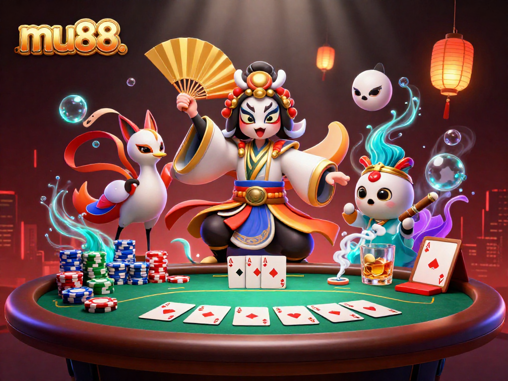 Experience thrilling poker action with mu88. featuring vibrant characters and dynamic casino elements.