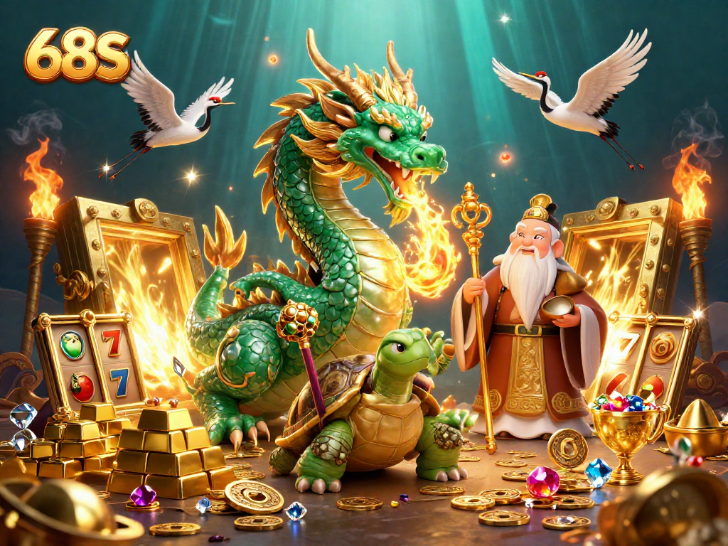 Slot reels e dragão jade na cena de jogo no 68S, trazendo sorte e emoção.