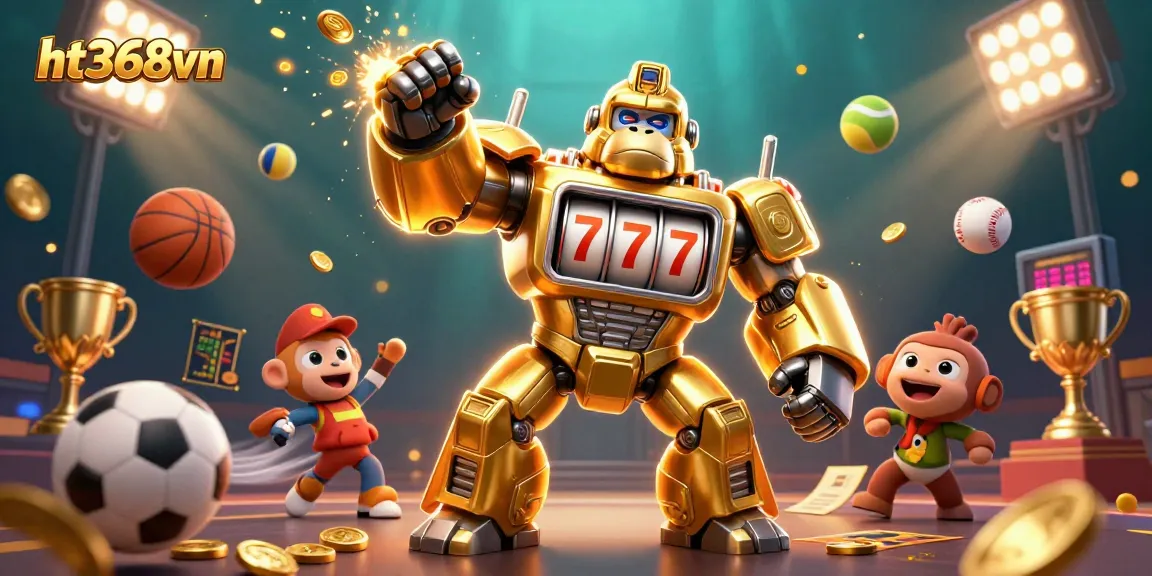 Bet on ht368vn with an explosive 3D gaming scene featuring a golden gorilla mech and dynamic sports elements.